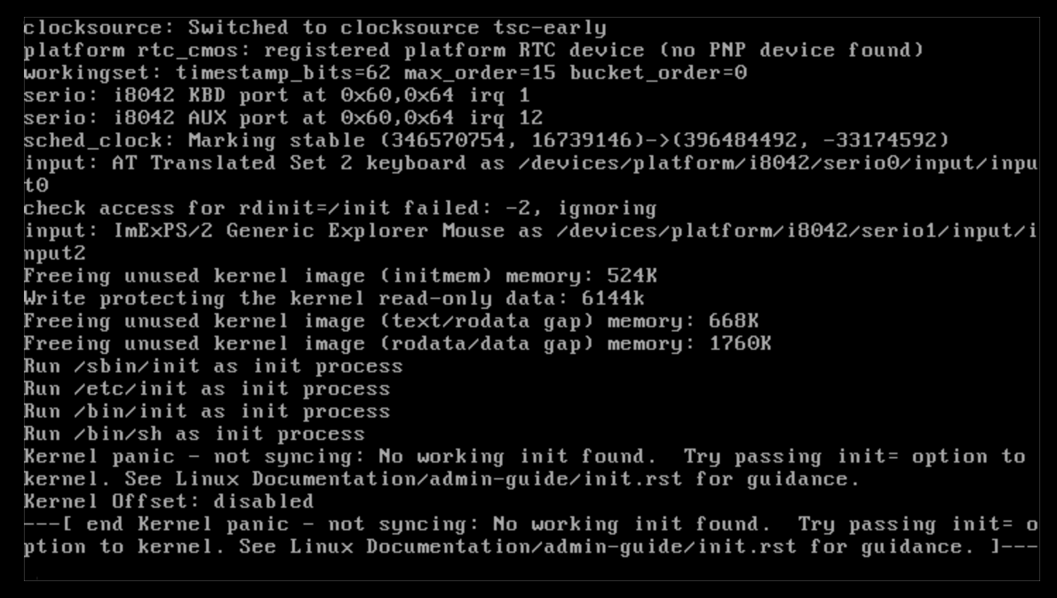 Qemu output of just a kernel: Final line contains "no working init found"