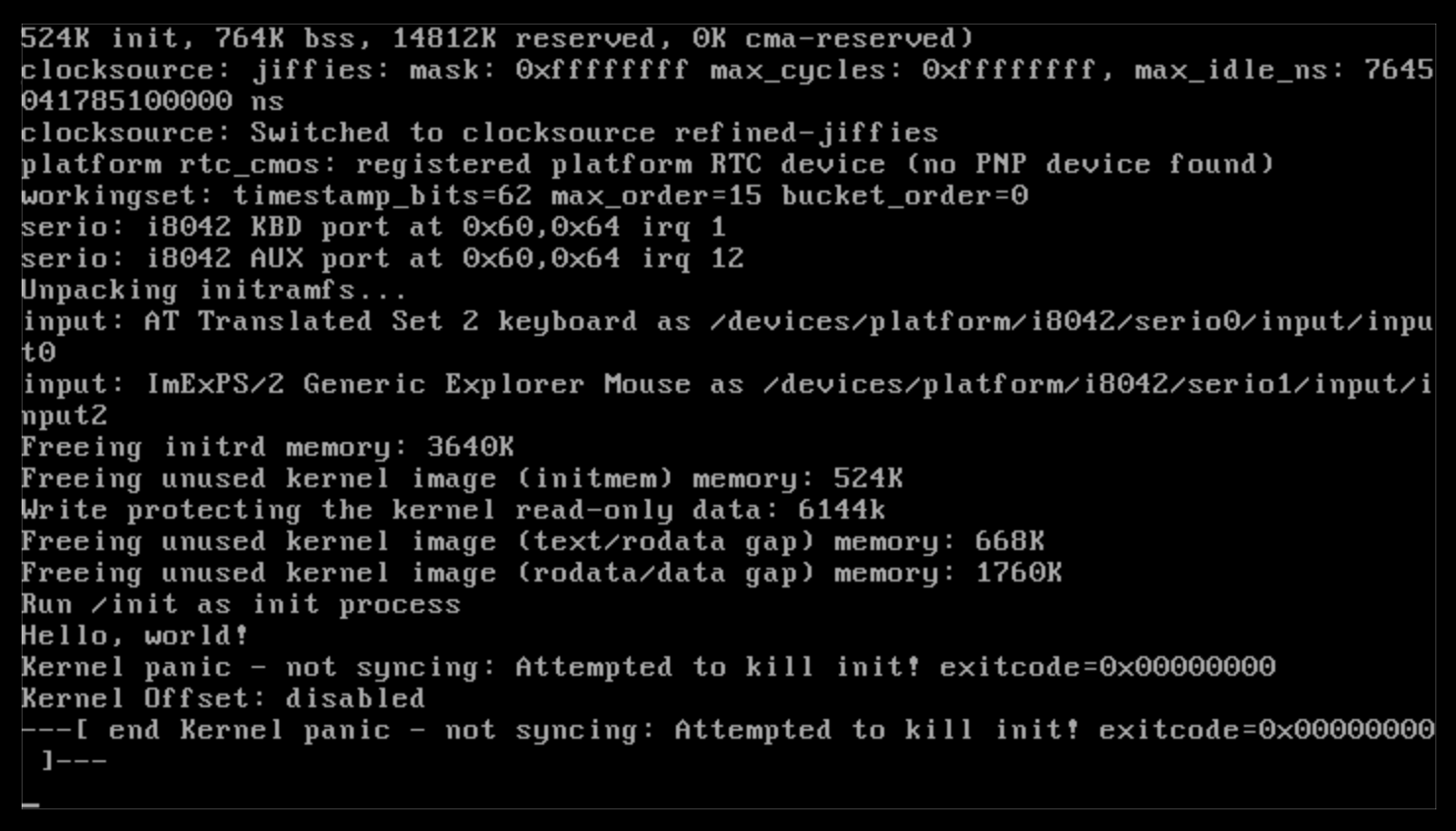 Hello world in kernel output